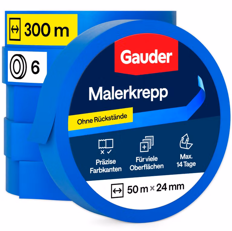 GAUDER: Nastro adesivo per pittura, nastro di carta, nastro protettivo per lavori di pittura (6 rotoli - 24 mm x 50 m)