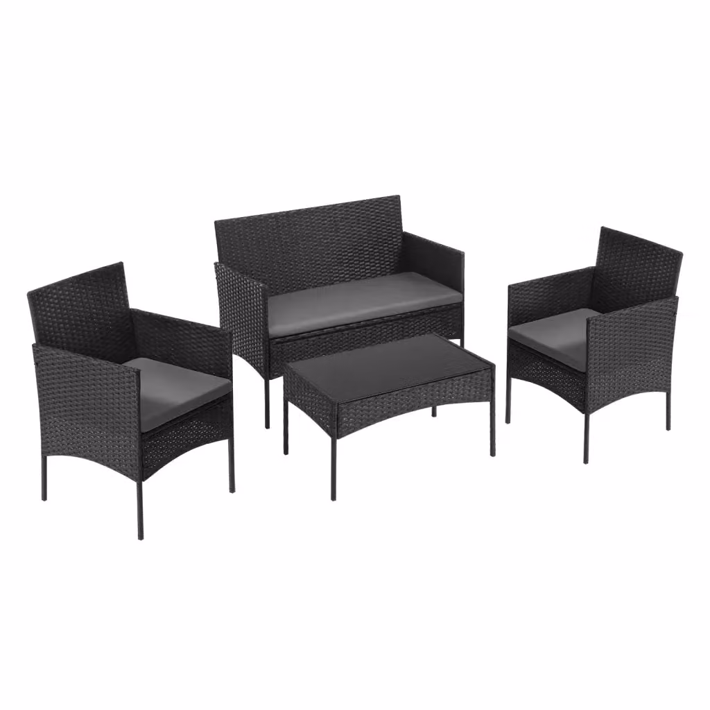 Set salotto da giardino moderno in rattan sintetico con divano a 2 posti, 2 poltrone e tavolino in vetro e metallo nero con cuscini inclusi – 2