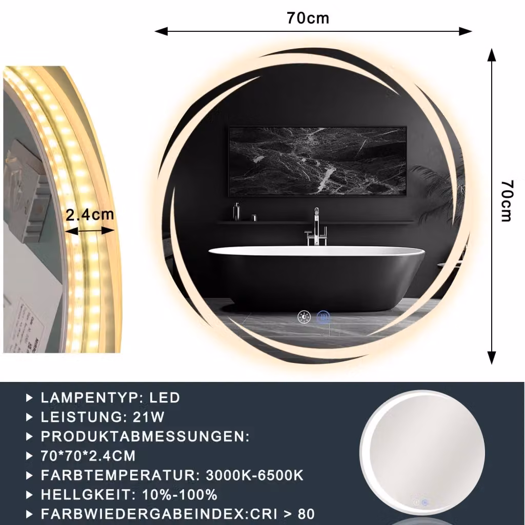 Specchio da bagno rotondo ZMH con illuminazione LED dimmerabile e funzione touch IP44 bianco – 2