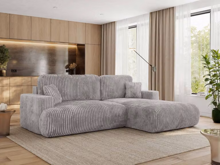 MKS MEBLE divano angolare OVO con funzione letto e box letto, velluto a coste grigio chiaro, divano a L, divano angolare a 4 posti, 271x195x95 cm - lato destro