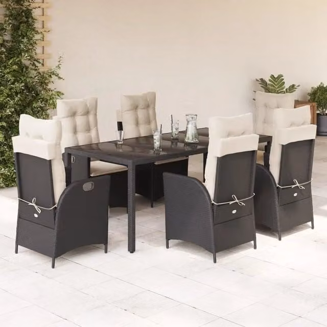 Set da Pranzo da Giardino 7 pz Nero con Cuscini in Polyrattan 3213064