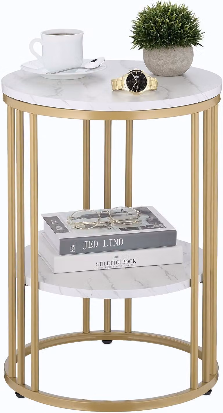 Tavolino laterale effetto marmo - Con spazio contenitivo - Ideale per il soggiorno - Realizzato in metallo e MDF - Tavolino rotondo - Altezza x diametro: 56x40 cm - Bianco e oro
