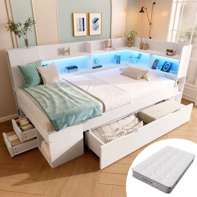 Letto da giorno 90 x 200 cm in pannello truciolare con LED, ricarica USB e Type-C, contenitore, cassetti, rete a doghe e materasso incluso - Bianco