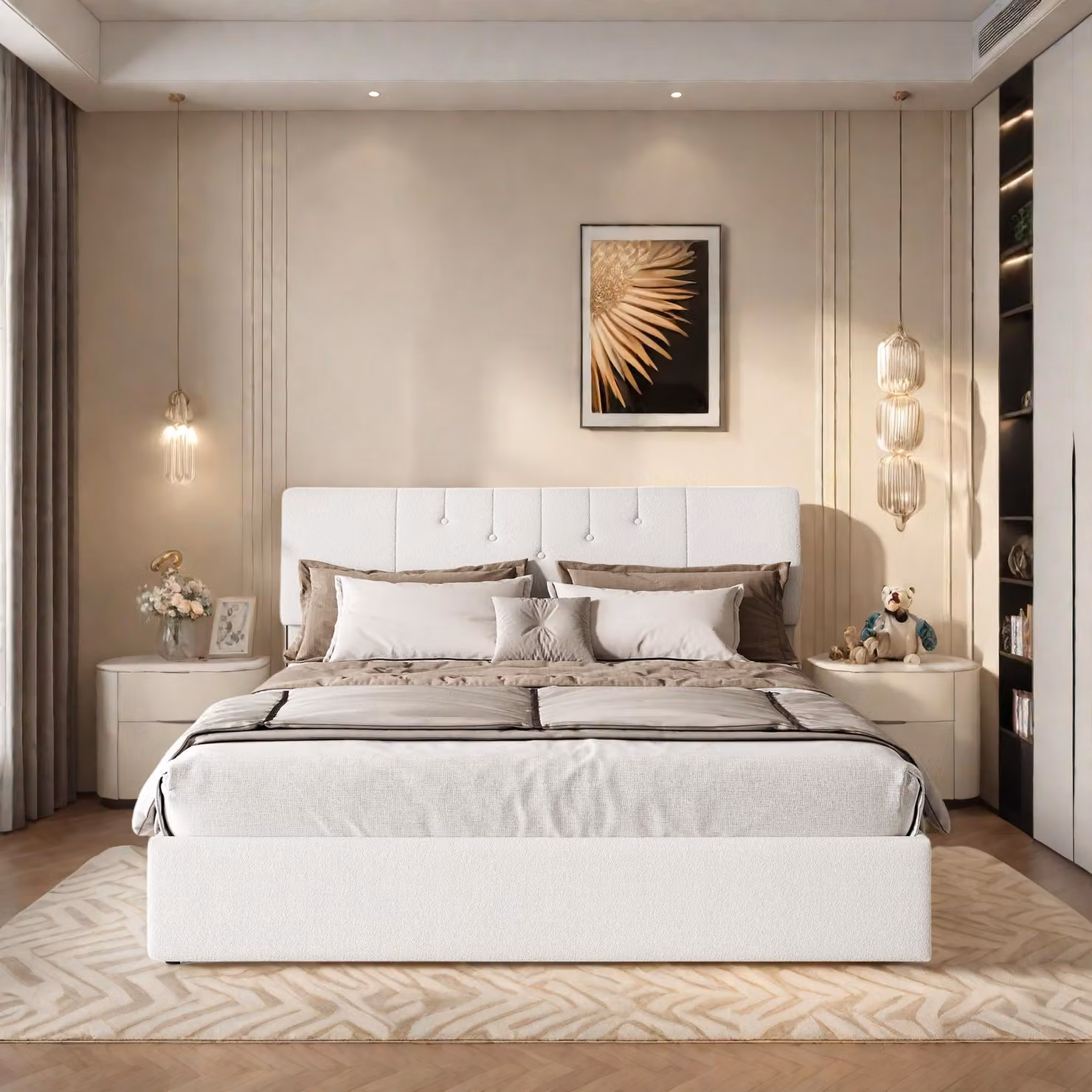 Letto imbottito Fortuna Lai 140x190 cm con contenitore, letto matrimoniale per ragazzi con testiera, illuminazione LED, connessione USB, bianco, lana di pecora, portata 350 kg