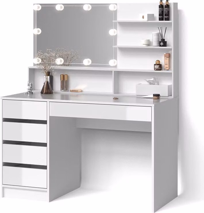 Tavolo da toeletta Livinity Imola Bianco 120 cm con mensola con specchio e catena luminosa LED, Model 52432