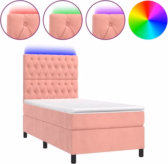 Letto singolo | Letto per adulti | Letto a Molle con Materasso e LED Rosa 80x200 cm in Velluto