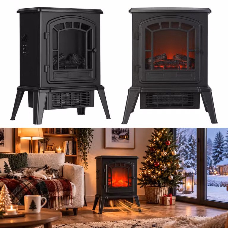 Ikodm Stufa elettrica a colonna, 900/1800 W, stufa elettrica nera con elemento riscaldante PTC, 2 livelli di riscaldamento e fiamma LED, da posizionare a pavimento