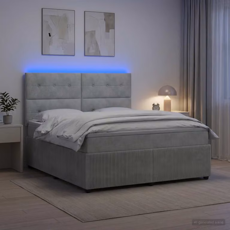 Letto Box Spring vidaXL con Materasso Ibrido e Illuminazione LED, Grigio e Bianco, 160 x 200 cm