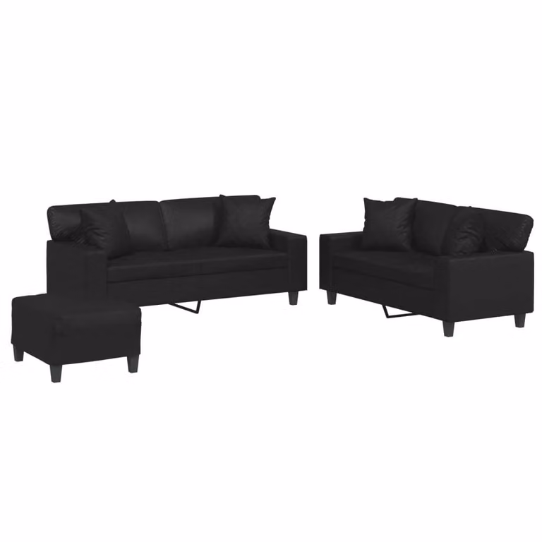 Set di Divani 3 pz con Cuscini Nero in Pelle finta