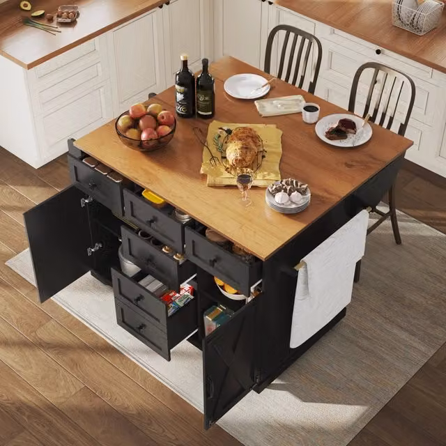 Carrello da cucina pieghevole con piano allungabile e mobile contenitore, per cucina e sala da pranzo, MDF nero