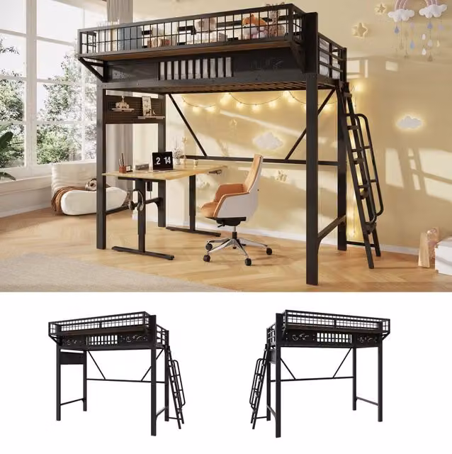Letto a soppalco singolo Beaok in metallo con vani portaoggetti, nero, L/P/H: 90 x 200 x 188 cm – 1