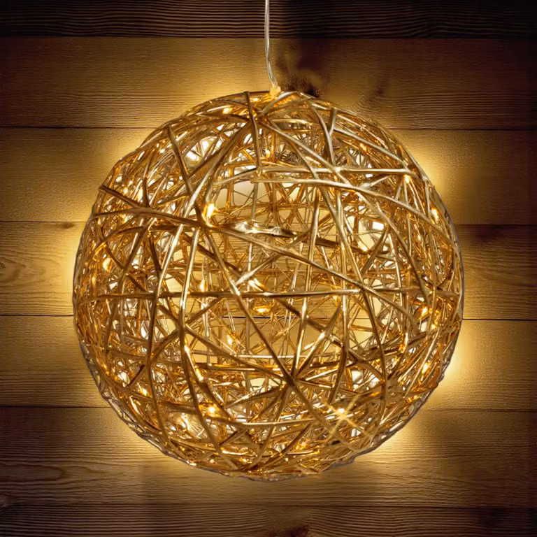 Palla luminosa 20 cm con nastro dorato avvolto bianco caldo con timer - 30 LED - Decorazione natalizia luminosa da appendere a batteria