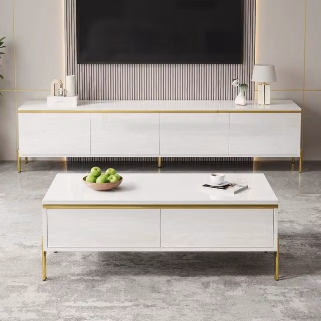 Set Mobile TV e Tavolino da Caff¨¨ ¨C Minimal ¨C Effetto lucido, finiture oro, ampio spazio di archiviazione