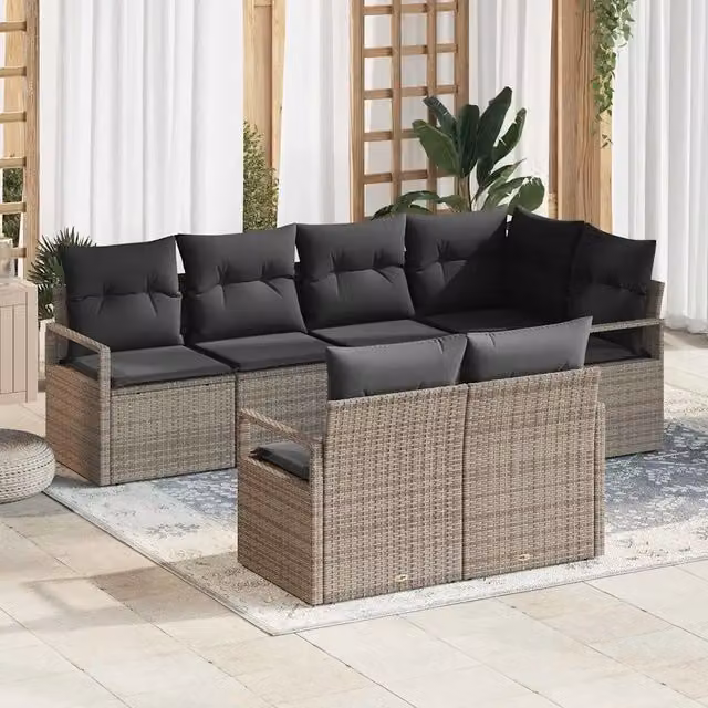 Set Divano da Giardino a L vidaXL in Polyrattan Grigio con Cuscini 7 Pezzi – 1