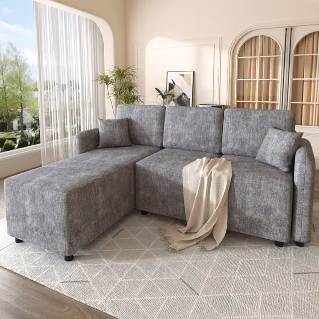 Divano angolare 3 posti 187;5x143;8x85;5 cm; chaise longue; 2 cuscini; schiuma ad alta densit ; ciniglia; grigio