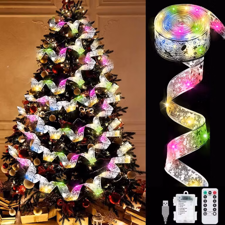10 m di luci natalizie a nastro, luci natalizie a LED, ghirlanda luminosa natalizia, 8 modalità, telecomando, per festività, feste, matrimoni, nastro argento/colorato