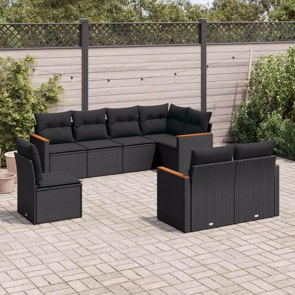 vidaXL Set Divani da Giardino a L con Cuscini 8 pz Nero in Polyrattan e Metallo – 1
