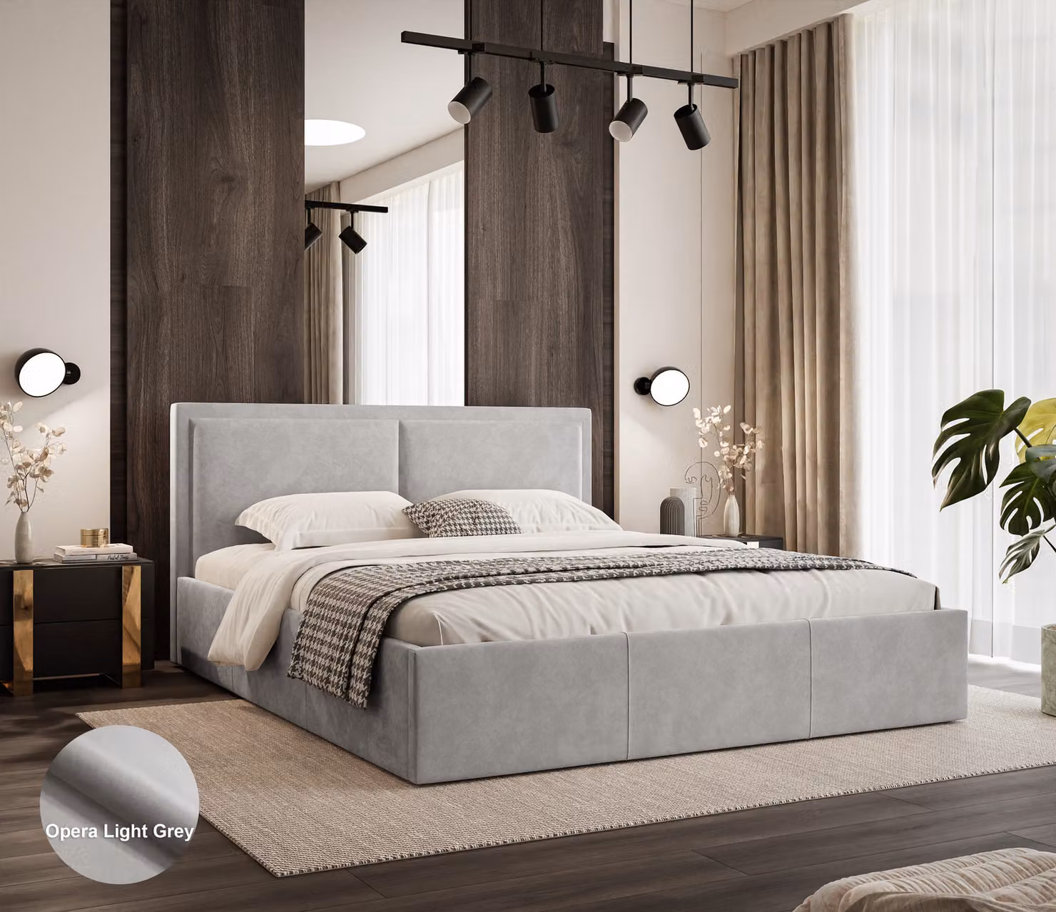 Letto imbottito Sofello 180x200 in velluto grigio chiaro, con struttura a doghe in legno e vano contenitore.