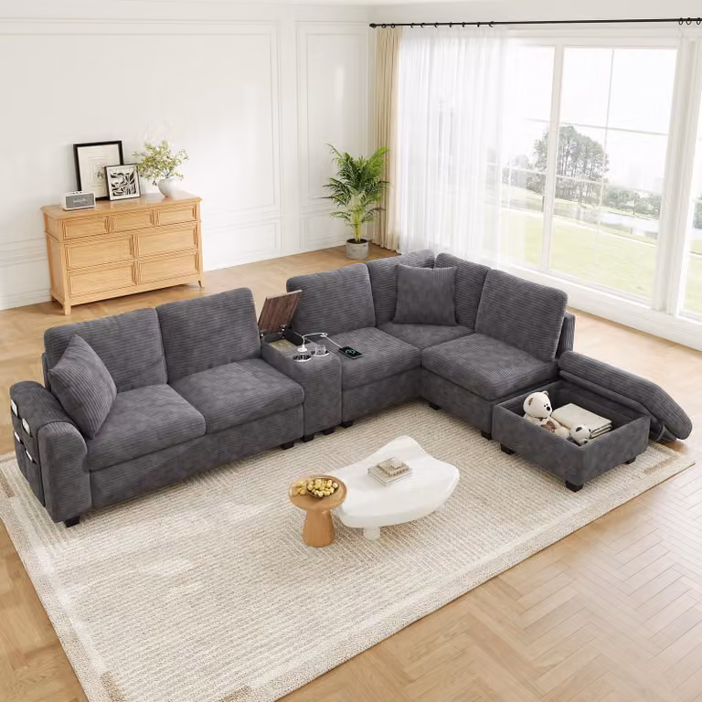 Divano componibile STILVORA, 6 posti, a forma di "U" o "L", con pouf contenitore, divano angolare con consolle centrale e porte USB/Type-C, divano modulare con portabicchieri, rivestito in tessuto corduroy, colore grigio