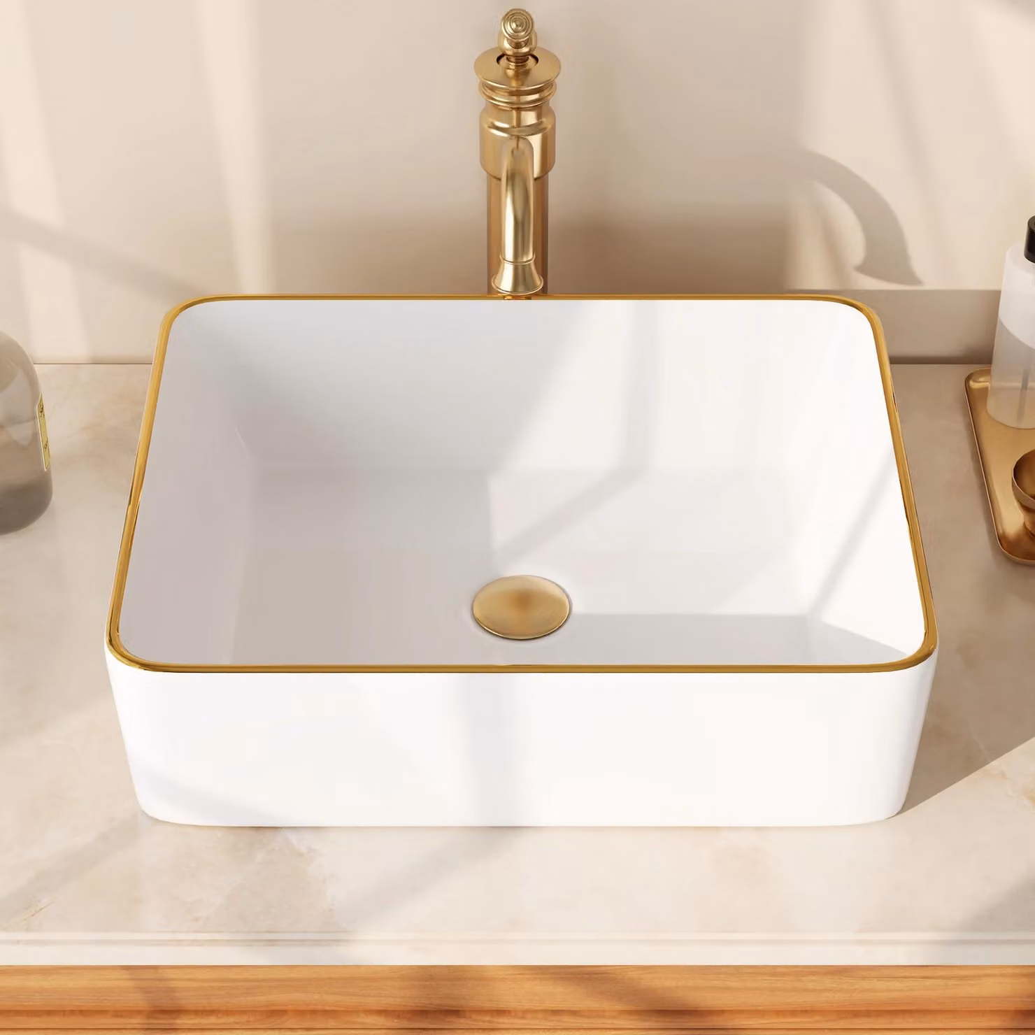 Lavabo - Modello DV-1V0365 - Lavabo da appoggio rettangolare - Vetroceramica - 9 litri - Senza foro per rubinetto - Bianco con bordo dorato