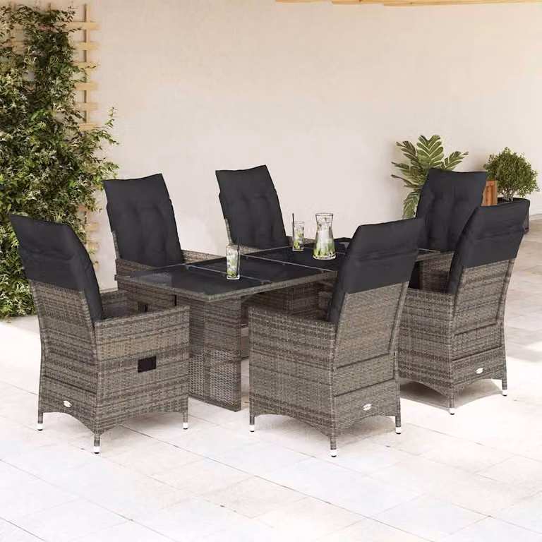 vidaXL Set da Pranzo da Giardino 7 pz in Polyrattan con Cuscini e Tavolo in Vetro Grigio e Marrone
