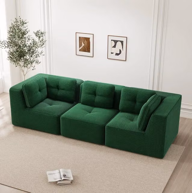 Divano angolare modulare in corduroy; 297x104x69 cm; verde