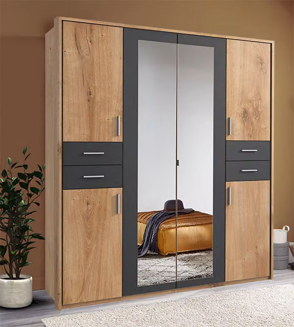 Armadio Vegas a 6 ante battenti 183 cm in rovere grafite con specchio