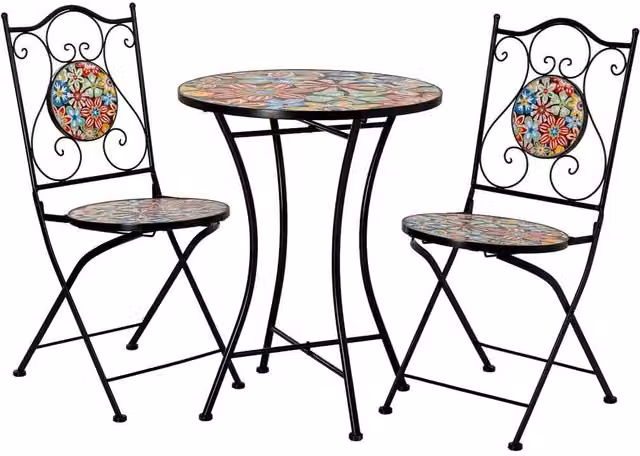 Set tavolo e 2 sedie in metallo, 60x60x75h cm, 38x46x90h cm
