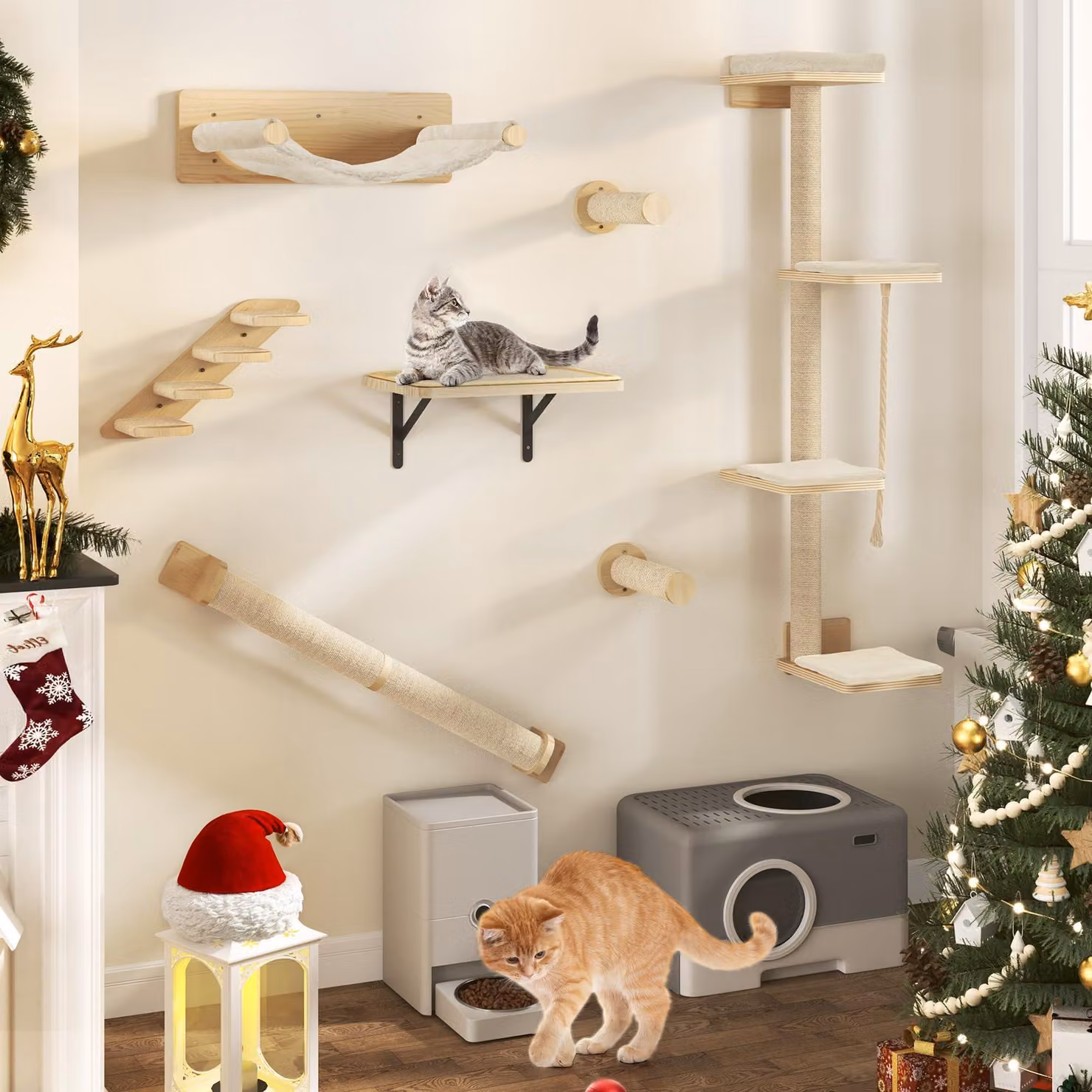 YITAHOME mobili da parete per gatti, 7 parti, legno, albero da arrampicata con 3 tiragraffi, 4 gradini, amaca, scala per gatti, da parete.
