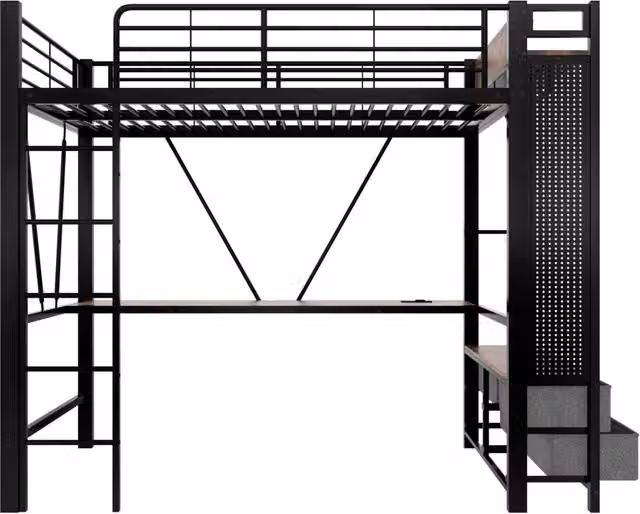 Letto a soppalco 90x200 cm in metallo con scrivania, 4 cassetti, LED multicolore, presa USB e Type-C, colore nero