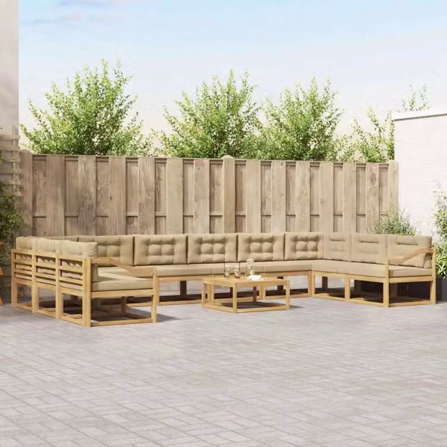 Set di divani da esterno a forma di U vidaXL in legno di acacia con cuscini e tavolino da caffè, Bianco, Beige e Marrone – 1