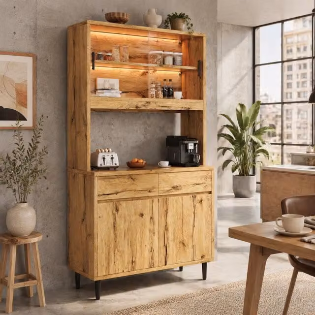 Credenza alta LED con ante in vetro, ripiani, prese e porte USB, per soggiorno, sala da pranzo e cucina, rovere, 100 × 40 × 185 cm