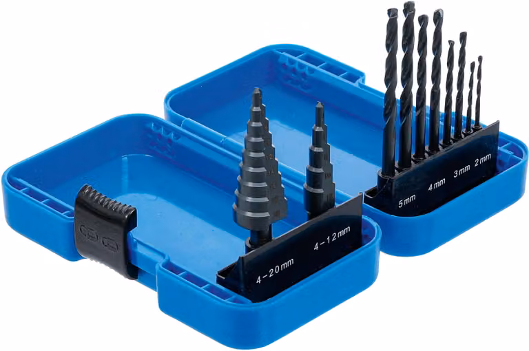 BGS Set di punte a gradino e punte elicoidali HSS Ø 4 - 12 / 4 - 20 mm 2 - 5 mm 10 pezzi - 1686