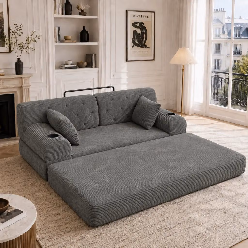 Divano letto moderno WISHDOR in velluto a coste grigio con funzione letto, porta bevande e struttura in metallo – 2