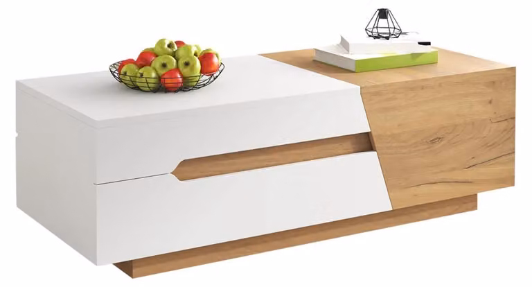 Tavolino estendibile - Tavolino da soggiorno - Con cassetti - Multifunzionale - Struttura in legno - MDF - Colore: naturale e bianco