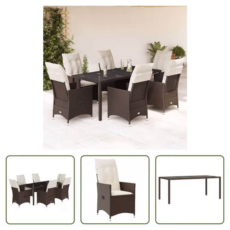 The Living Store Set da pranzo da giardino 7 pezzi con cuscini in polirattan marrone