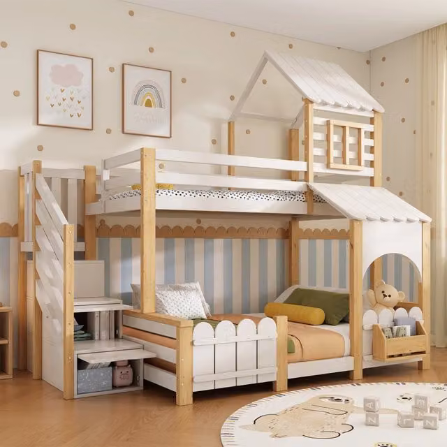 Letto a castello per bambini 90x200/140x200 cm; letto familiare; scala contenitore; libreria; cassetta postale; tetto; barriere; bianco