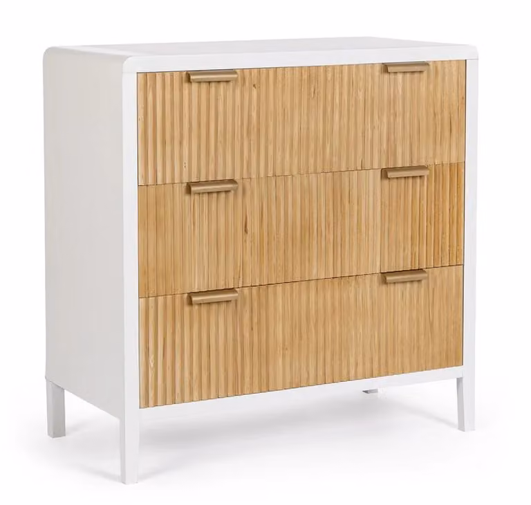 Cassettiera CHARLEY in legno bianco e 3 cassetti in legno naturale paulownia, 80x40x82 cm