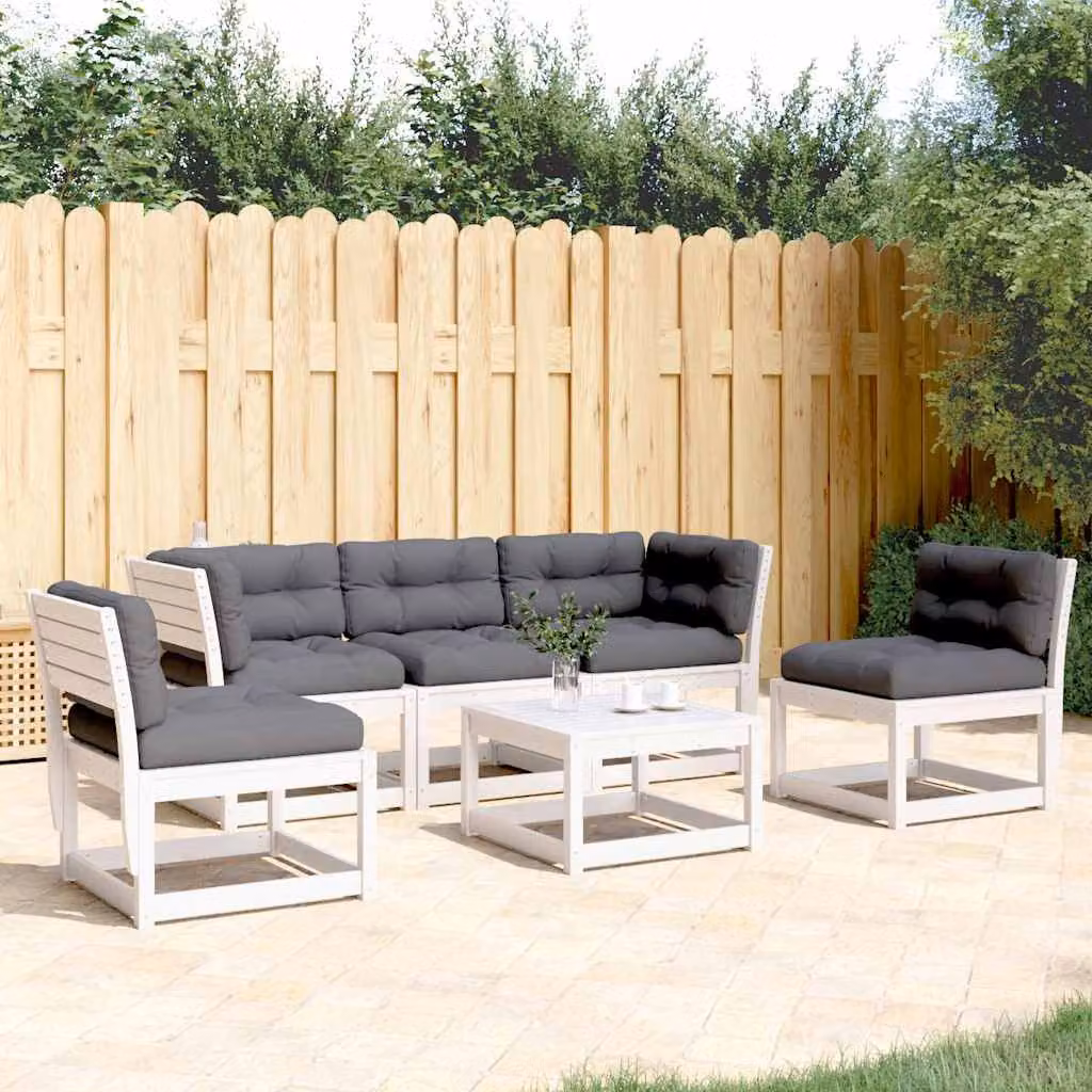 Set di divani da giardino vidaXL a forma di L composto da 5 pezzi con cuscini in bianco e antracite in legno massello di pino trattato – 1