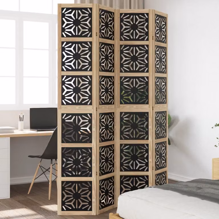 vidaXL Divisorio Ambienti Moderno a 4 Pannelli in Legno di Paulownia Massello, Marrone e Nero, H: 145 cm, L: 220 cm