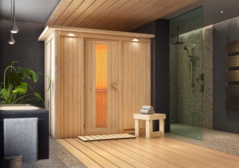 Sauna Variado: senza illuminazione per il soffitto: 9 kW, stufa a bioetanolo + centralina Easy * Porta: porta in legno isolata. * Illuminazione del soffitto: senza illuminazione. * Stufa: 9 kW, stufa a bioetanolo + centralina Easy * Porta della sauna: por