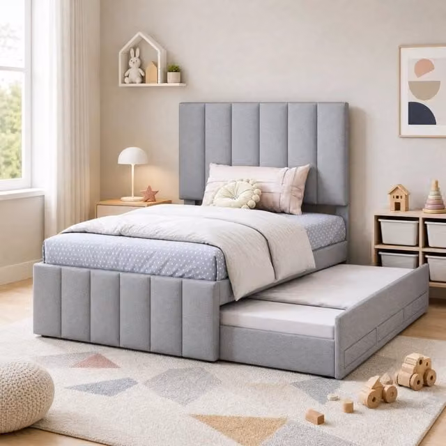 Letto imbottito con letto estraibile e 3 cassetti; 200x90 cm; grigio