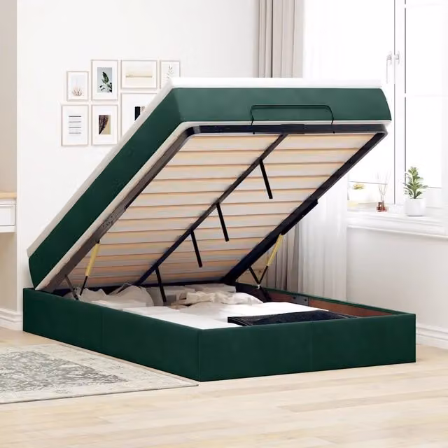 Letto con Pouf e Materasso vidaXL in Velluto Verde e Bianco con Base a Sollevamento L/P/H: 120 x 200 x 203 cm – 1