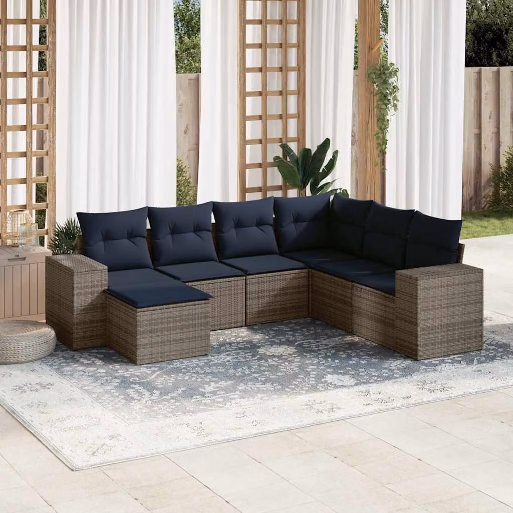 Set di divani da giardino vidaXL in polyrattan grigio con 7 pezzi e cuscini inclusi