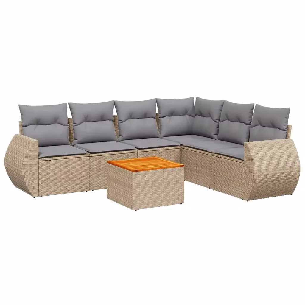 vidaXL Set Divani da Giardino 7 pz a Forma a L in Polyrattan con Cuscini Beige e Tavolino da Esterno – 2