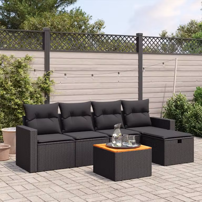 vidaXL Set Divano da Giardino a L da 6 Pezzi con Cuscini Neri in Polyrattan e Struttura in Acciaio Verniciato a Polvere