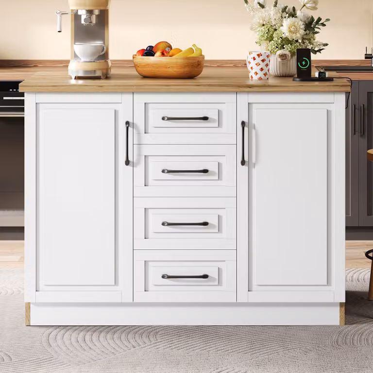 Isola da cucina Merax con 4 cassetti, mobile contenitore con ripiani regolabili, presa multipla con USB, design shaker, bianco e naturale