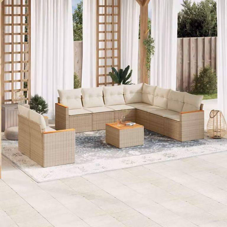 vidaXL Set Divano da Giardino a L 10 pz con Cuscini Beige e Tavolino in Polyrattan e Acciaio