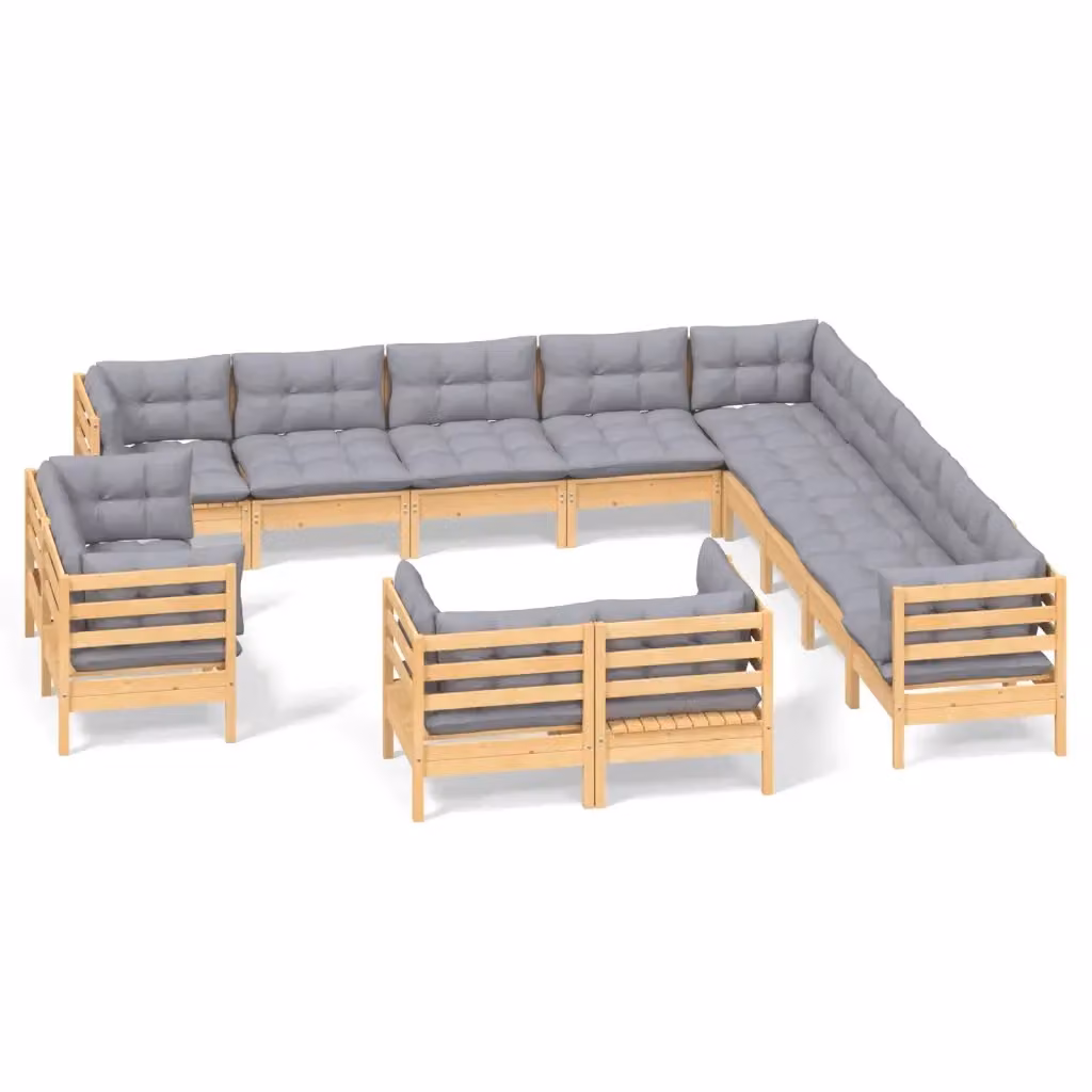 Set di Divani da Giardino vidaXL in Legno Massello di Pino con Cuscini Grigi 13 Pezzi – 2