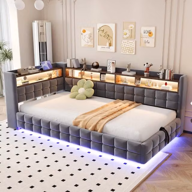 Divano Letto Imbottito Multifunzionale 90×200 cm con Contenitore Idraulico, Mensola in Legno, Illuminazione LED, Prese USB e Tipo C, Rivestimento in Velluto Grigio Scuro
